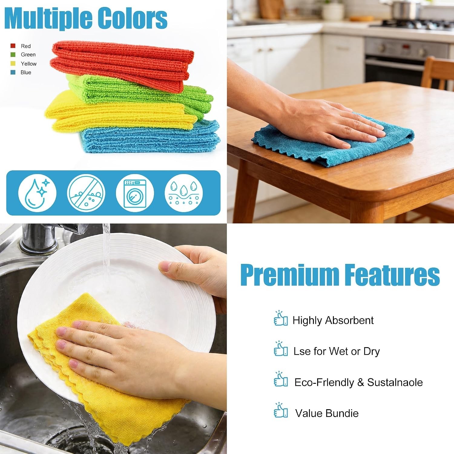 Microfiber Cleaning Cloth, 24 Pack Highly Absorbent Cleaning Rags, 4 Color Mi…