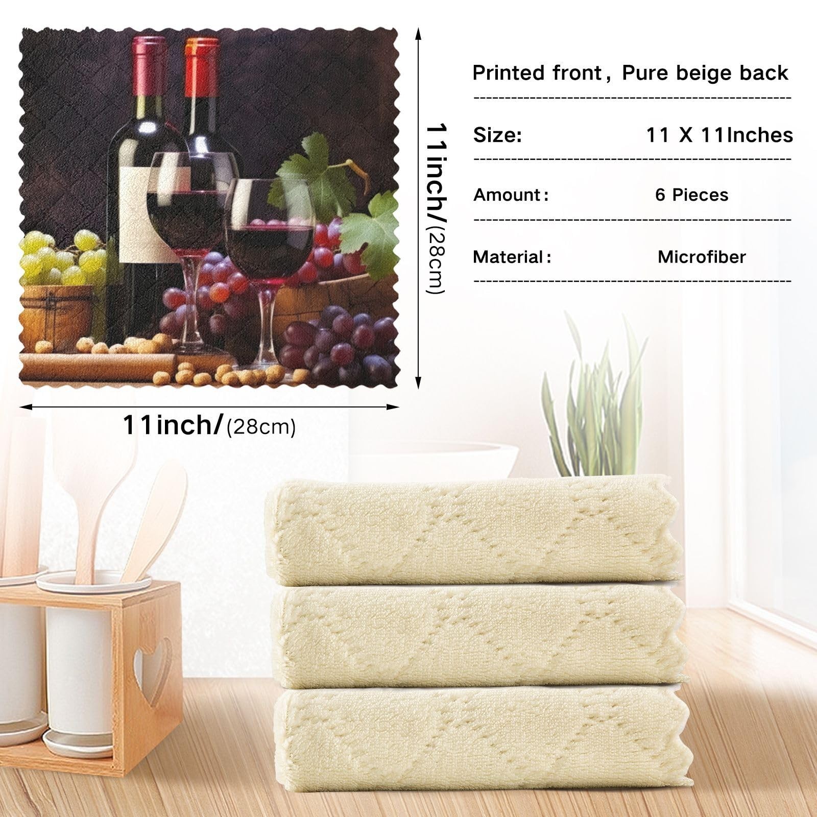 Kigai Vineyard Wine Grape Kitchen Cloth Dish Towels 6-Pack 11×11 Inch, C136