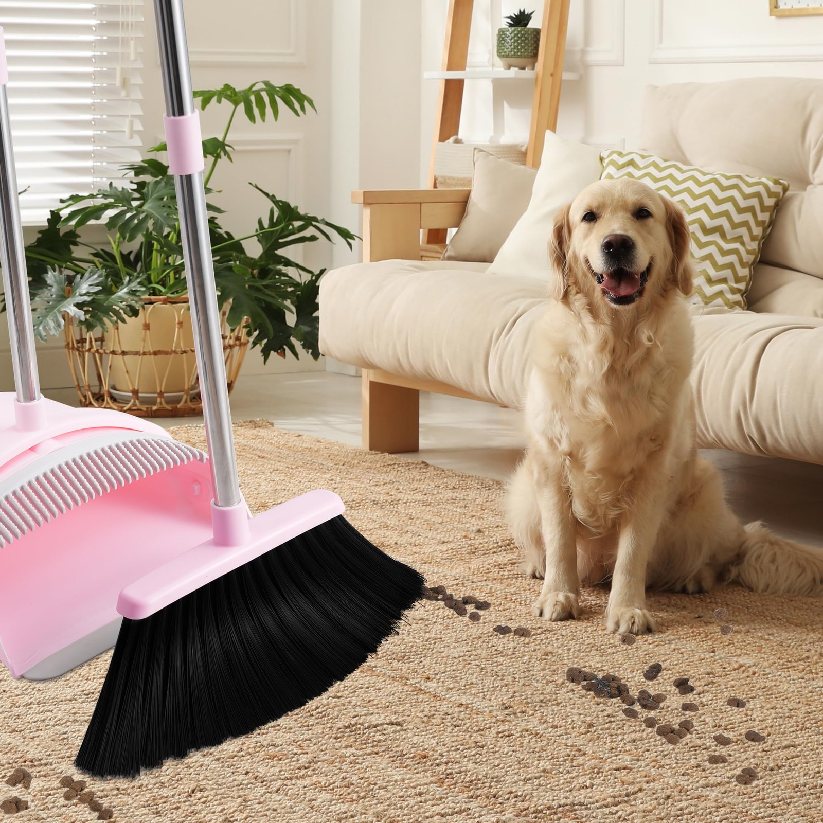 Pink Broom and Dustpan Set for Home, 52-in Long Handle Broom with Dustpan Com…
