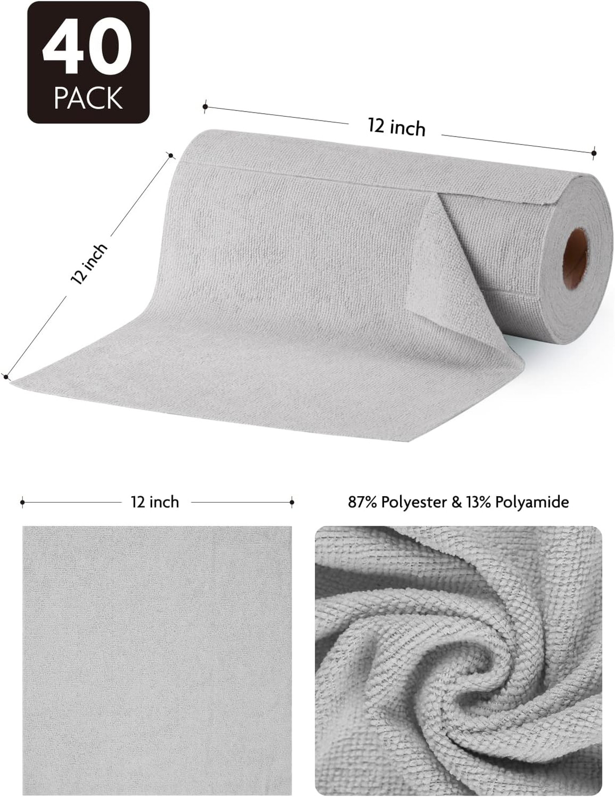 Microfiber Cleaning Cloth Roll 40 Pack 12 Inch Reusable Washable Scratch Free