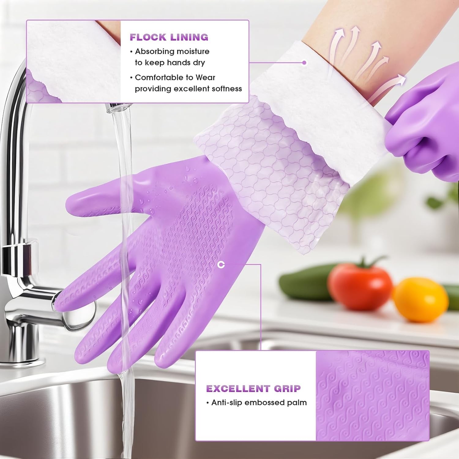 Diswashing Gloves Reusable Cleaning Kitchen Gloves Pairs Purple + Blue Medium
