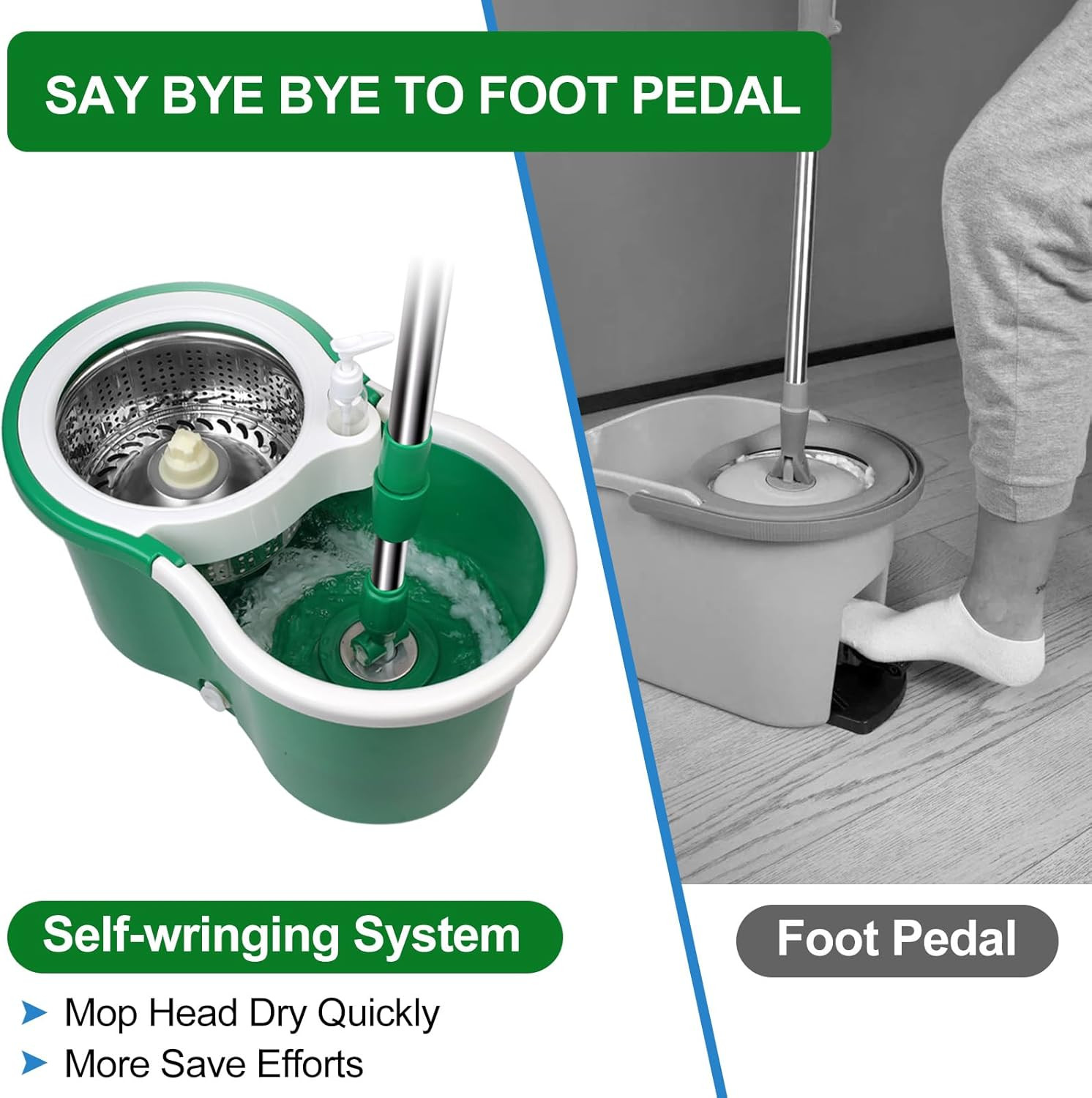 Spin Mop Bucket Set with 3 Refills 360° Rotating Head for Home Office Green