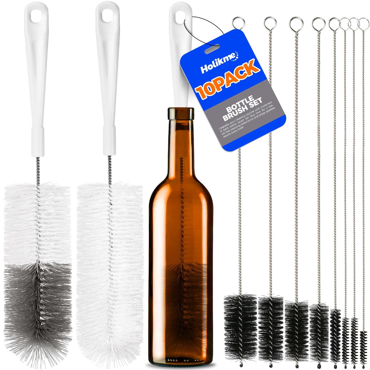 Holikme 10 Pack Bottle Brush Set 15″ Long Handle Cleaner Brush,White Whitegrey