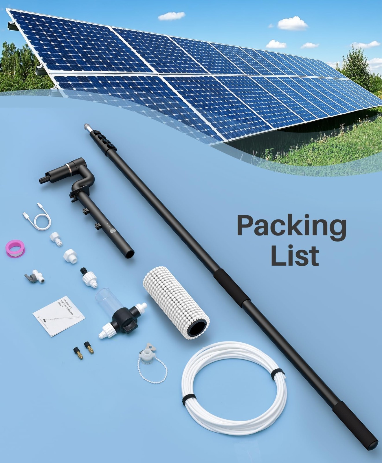 Extendable 20Ft Electric Solar Panel Cleaning Brush & Pole Kit, 2 Speed, Soap Di