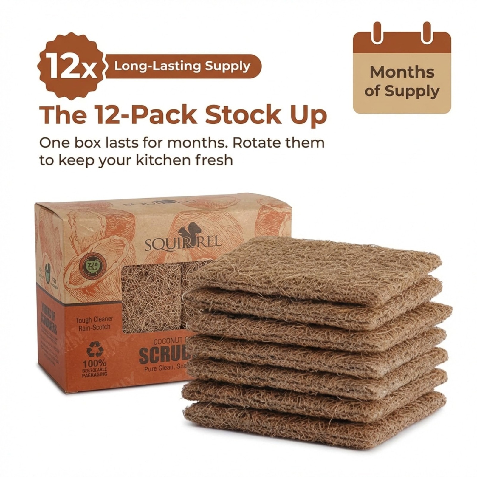 SQUIRREL Natural Coconut Coir Fiber Kitchen Scrubbers 12 Pack Biodegradable N…