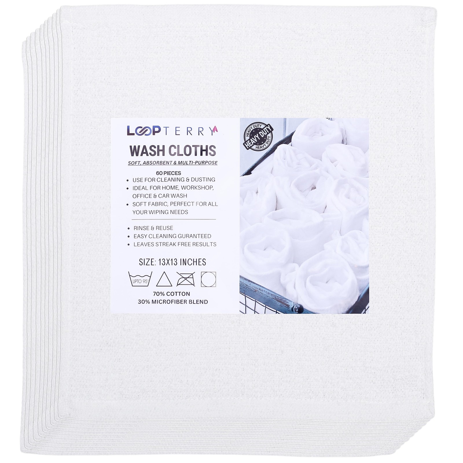 Looperry White Terry Cloth Rags 13″x13″ Inches 13 x 13 Inches,