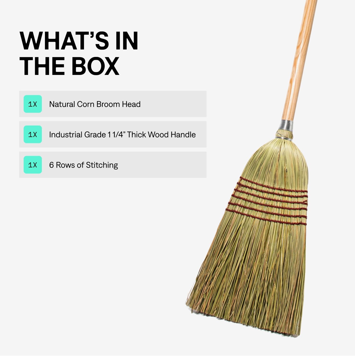 Corn Broom With Wood Handle Heavy Duty Indoor Outdoor Broom 1 1/4 Inch Handle