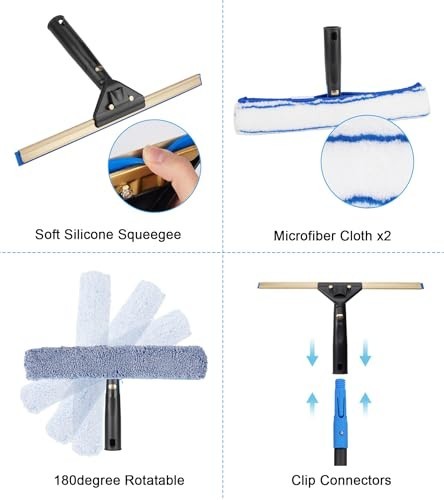 Window Cleaning Kit – 50″ Extension Pole, 8-in-1 Squeegee, Flexible Head, Bucket
