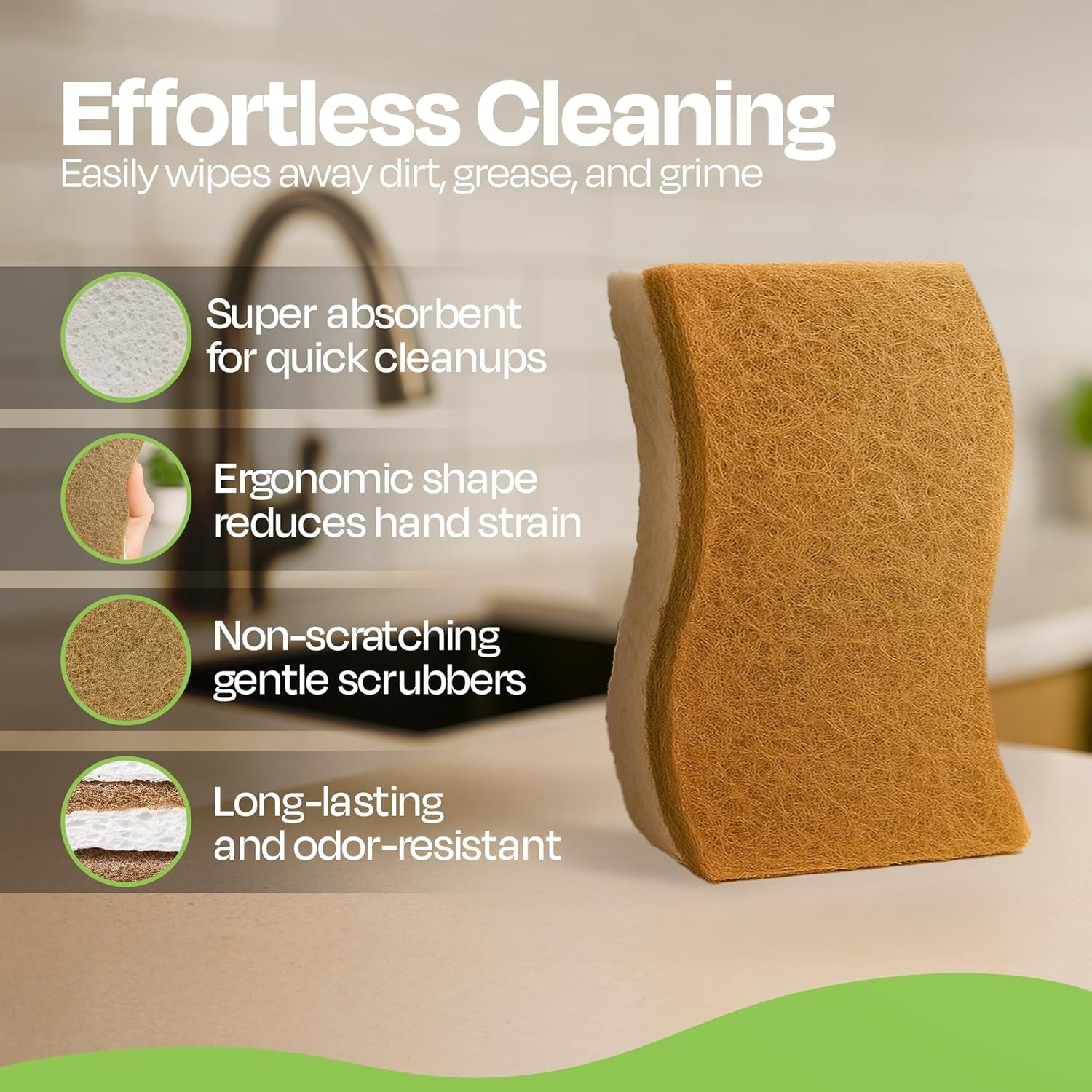 Super Eco Natural Kitchen Sponges Pack of 12, Long Lasting, Sponges for Dishes