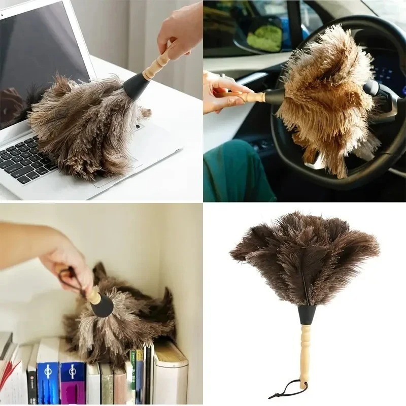 Anti Static Ostrich Feather Duster Wooden Duster Dust Cleaning Handle Brush Tool
