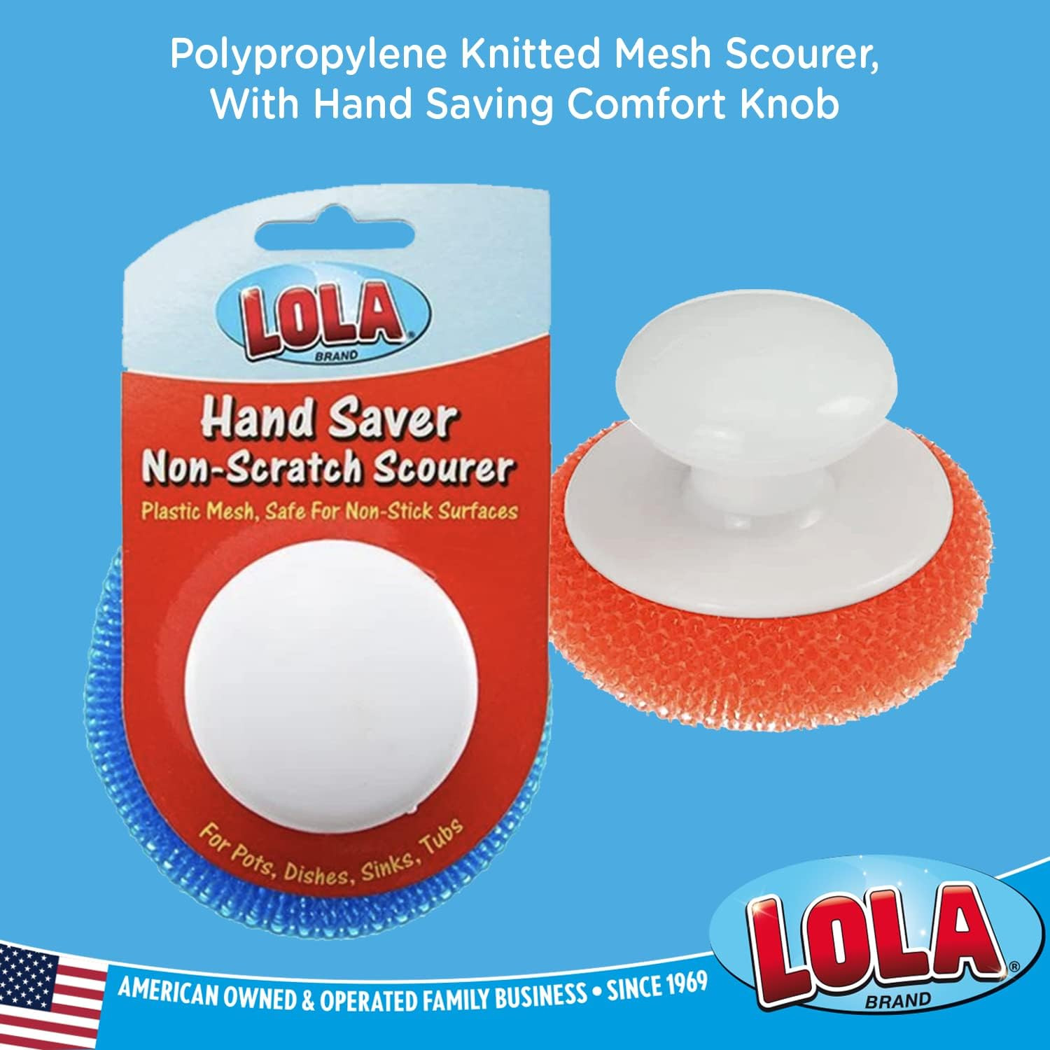 Plastic Mesh Non-Scratch Scouring Pad, 6 Pack, Hand Saving Comfort Knob, Red, Bl