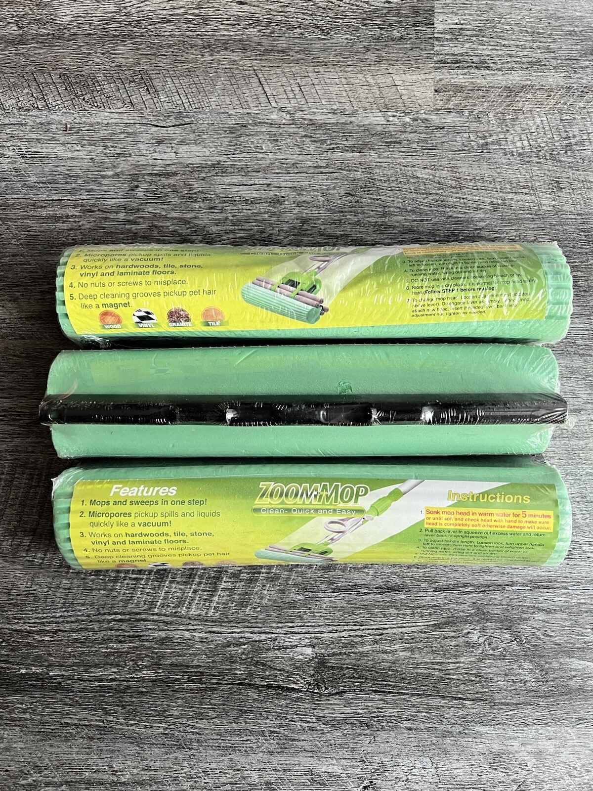 3x NEW Sealed ZOOM Mop Refill Replacement Head Green FAST/FREE SHIPPING