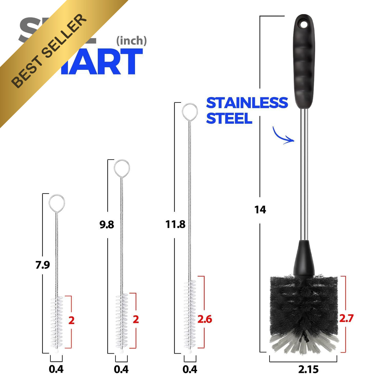 Holikme Bottle Brush Set 4 Pack 14 Inch Stainless Steel Straw Cleaner Black Kit