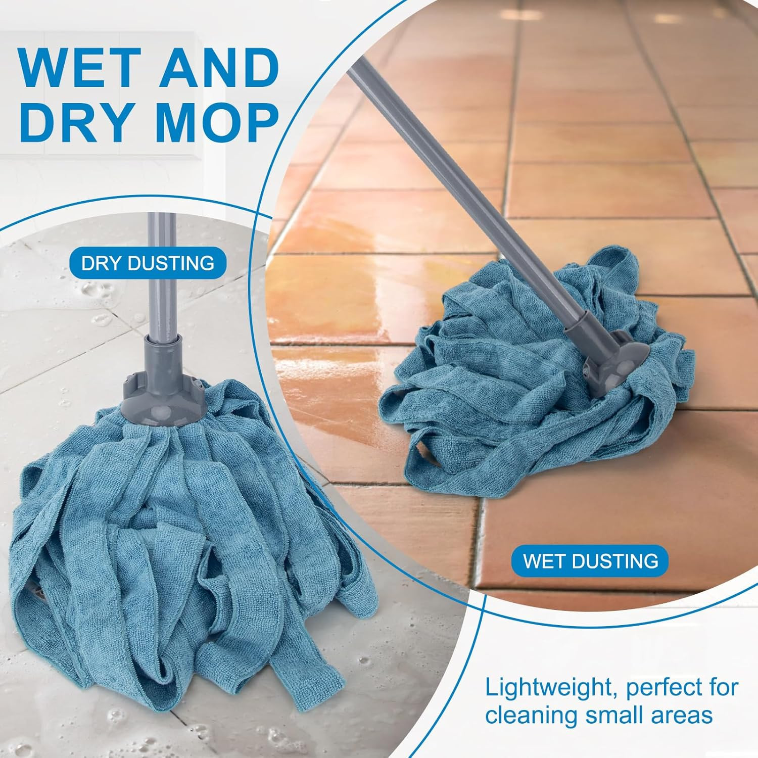 Kefanta Mops for Floor Cleaning,One Mop Handle with 2 Blue Microfiber Cloth Mops