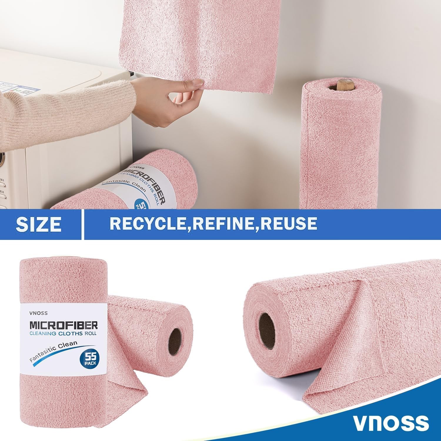 Vnoss 55 Pack Microfiber Cleaning Cloth Roll, Tear Away 9”X11”-55PK, Pink