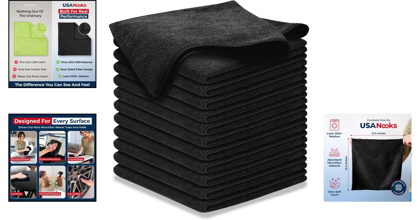 High Performance 12.5″ x 12.5″ Black Microfiber Cleaning Cloth Set – 1200 Washes