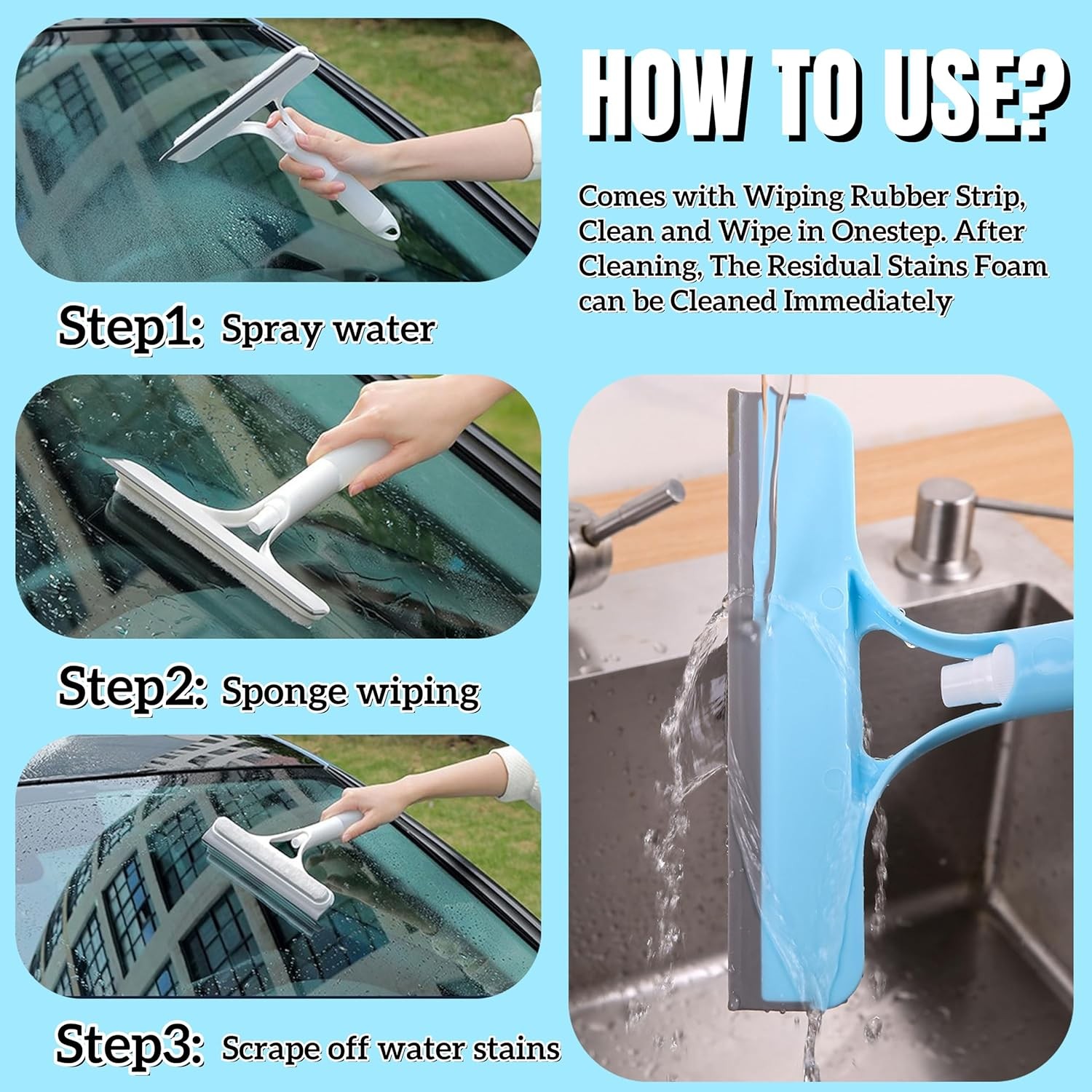 2× Window Cleaning Scraper Spray for Car Home 3 in 1 Window squeegee Cleaner USA