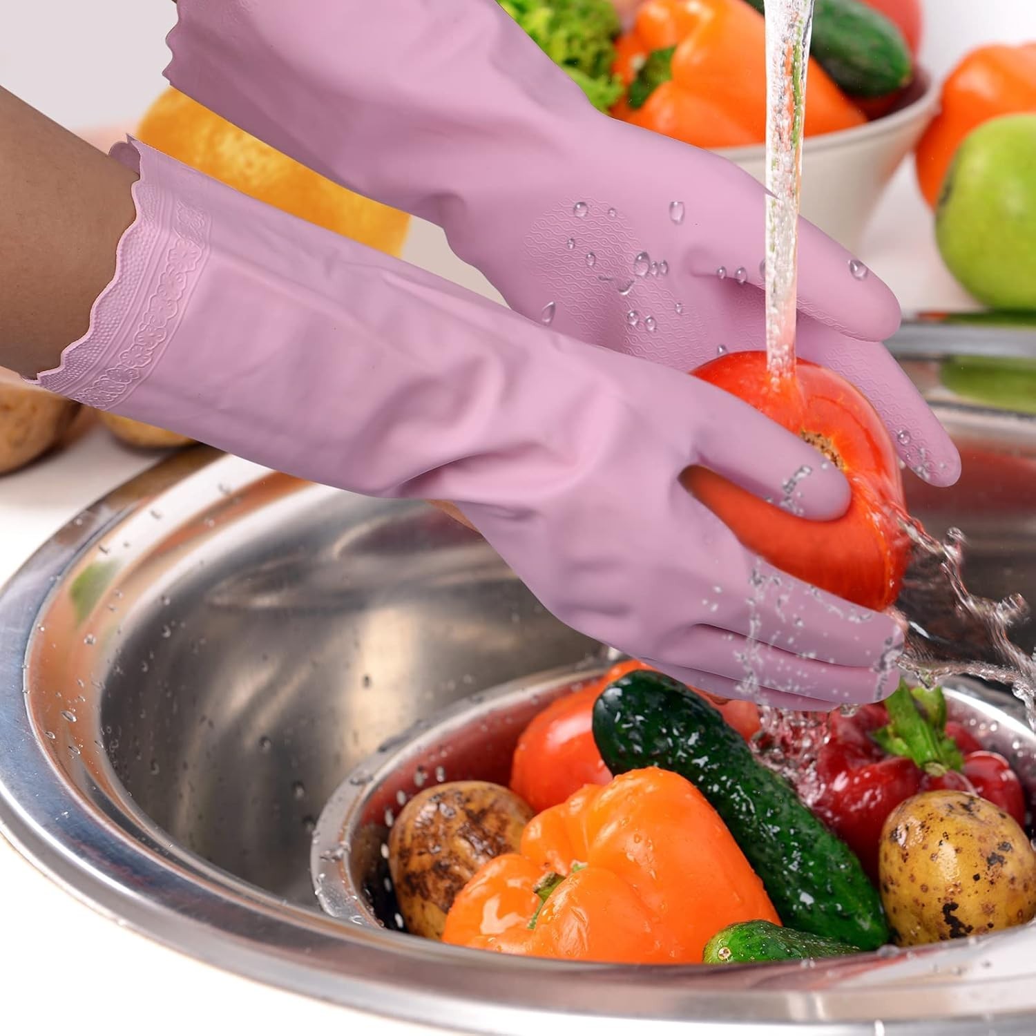 Rubber Cleaning Gloves – 3 Pairs Latex Free Kitchen Cleaning Gloves with Cotton