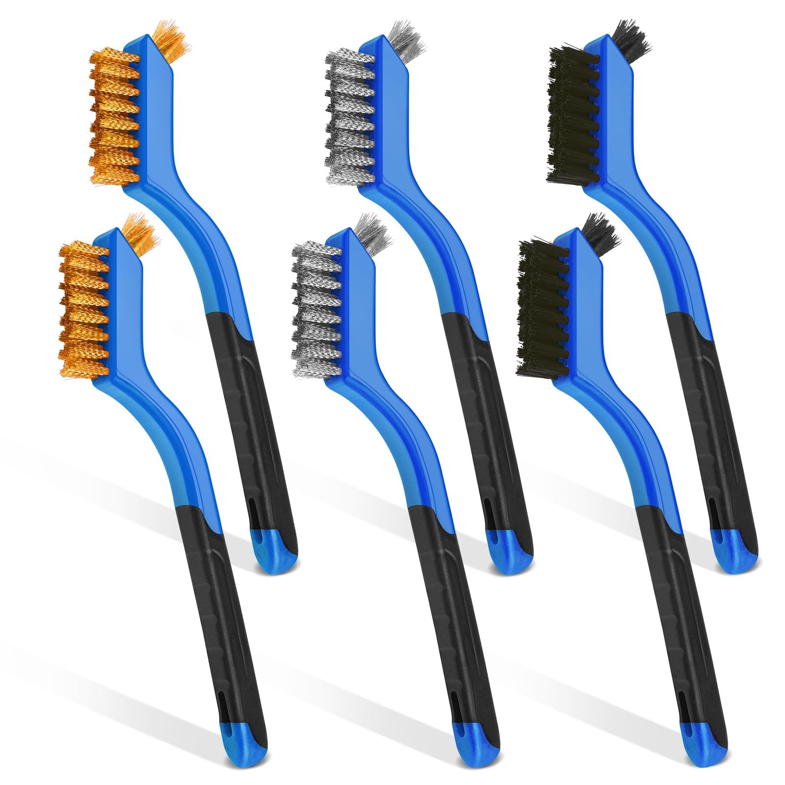 Wire Brush Set, 6 Pcs Stainless Steel/Brass/Nylon Brushes for blue