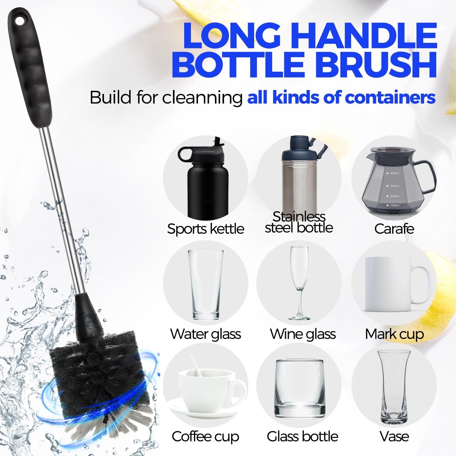 Holikme Bottle Brush Cleaner Set, 14″ Long Handle Stainless 4Pack, Black