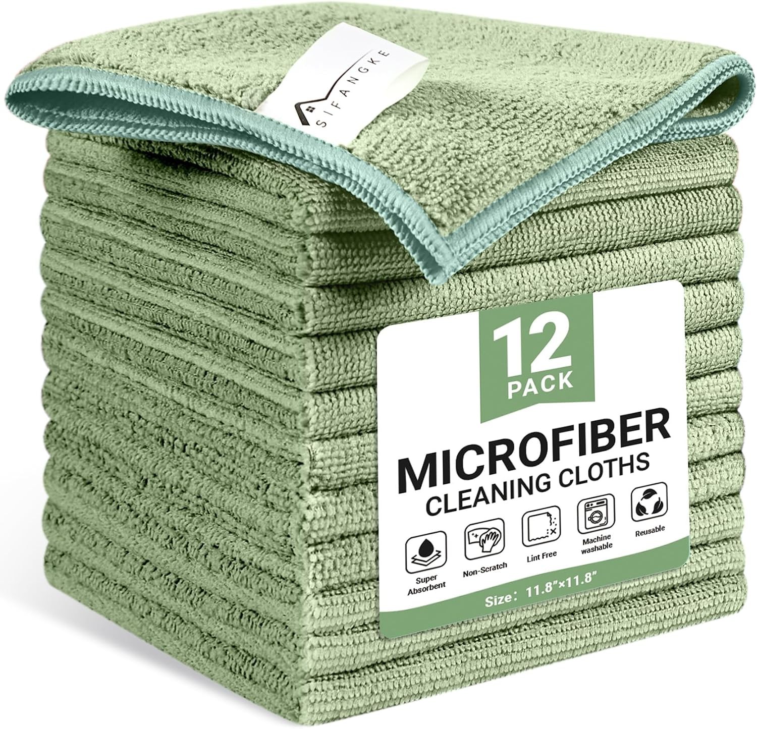 Microfiber Cleaning Cloth, 12 Pack Green Cleaning Rags for Housekeeping,