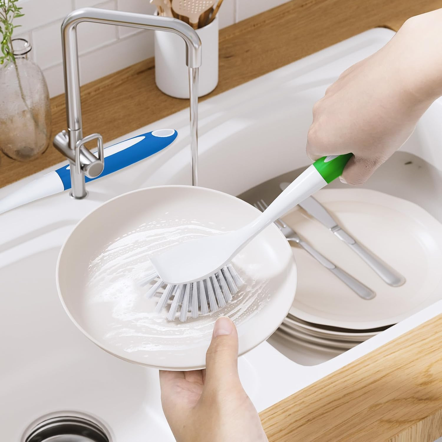 Dish Brush with Handle, 2 Pack Kitchen Scrub Brushes for Cleaning, Dish Scrubber