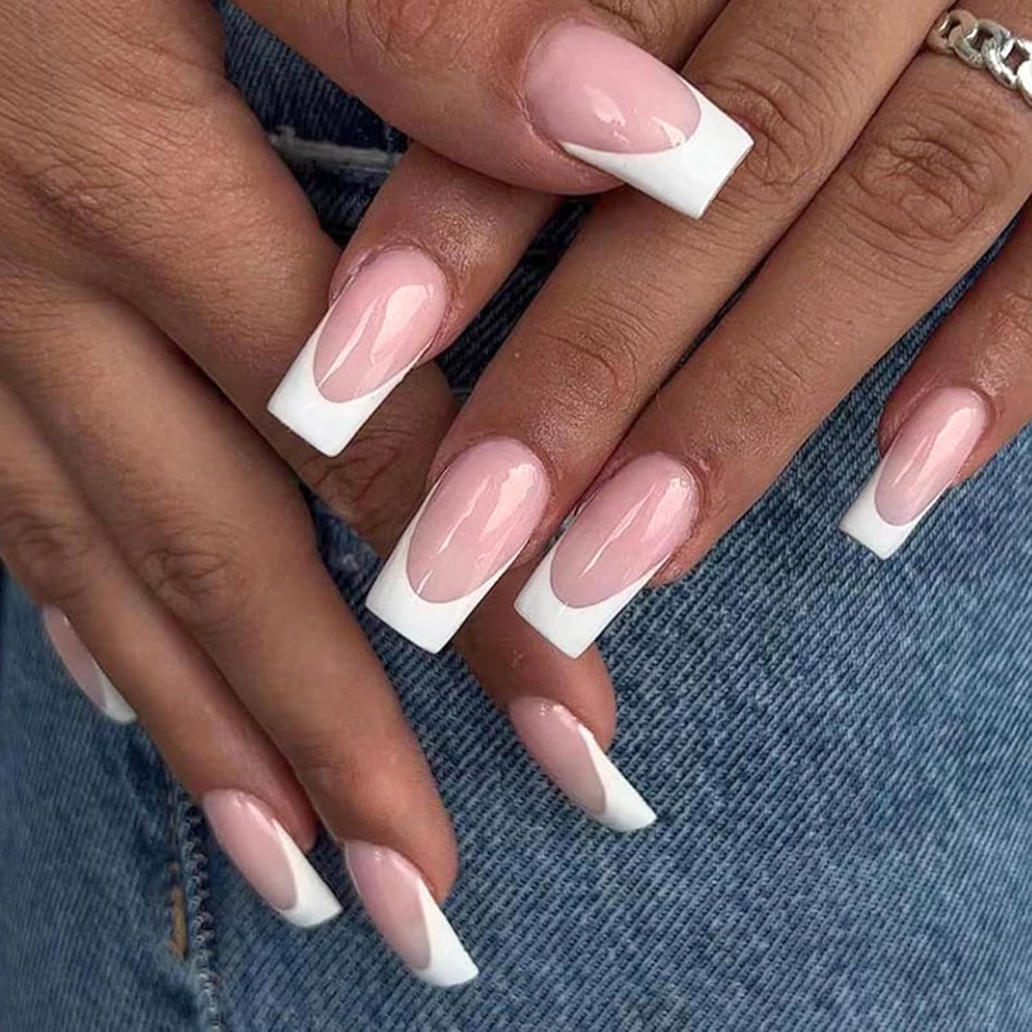 Addfavor 120Pcs White French Tip Press on Nails Medium Square Fake Nails Nude Fa