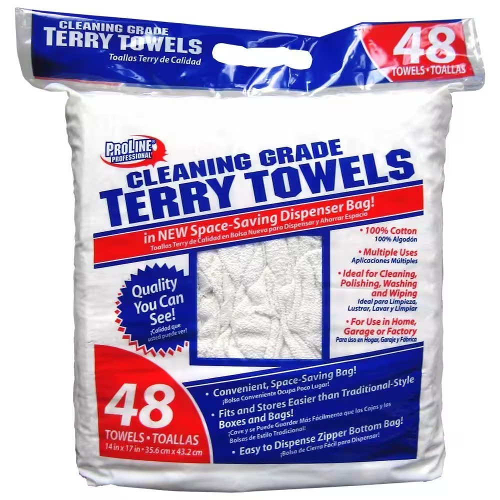 ProLine Cleaning-Grade Terry Towels (48-Pack) for cleaning, staining, polishing