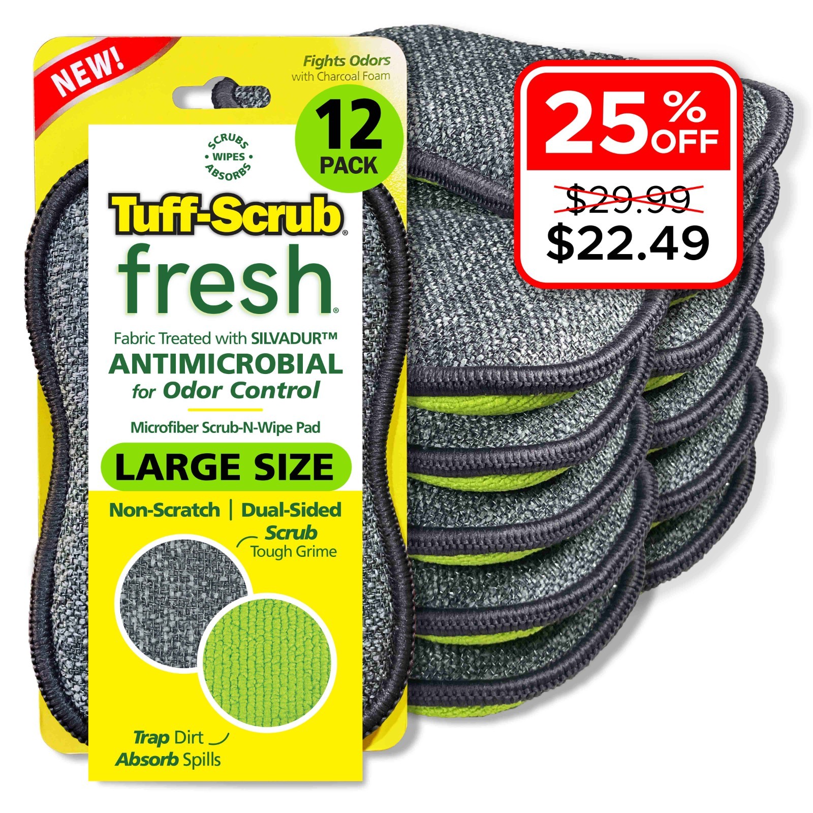 SALE!! Tuff-Scrub Fresh Antimicrobial Scrub-N-Wipe Pads, Green Large 12-Pack