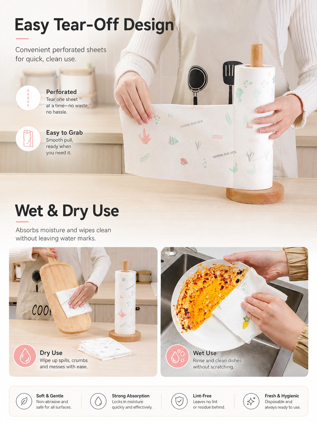 4 Pack Disposable Kitchen Towels Roll 200 Sheets Cleaning Cloths Dry Wet Wipes