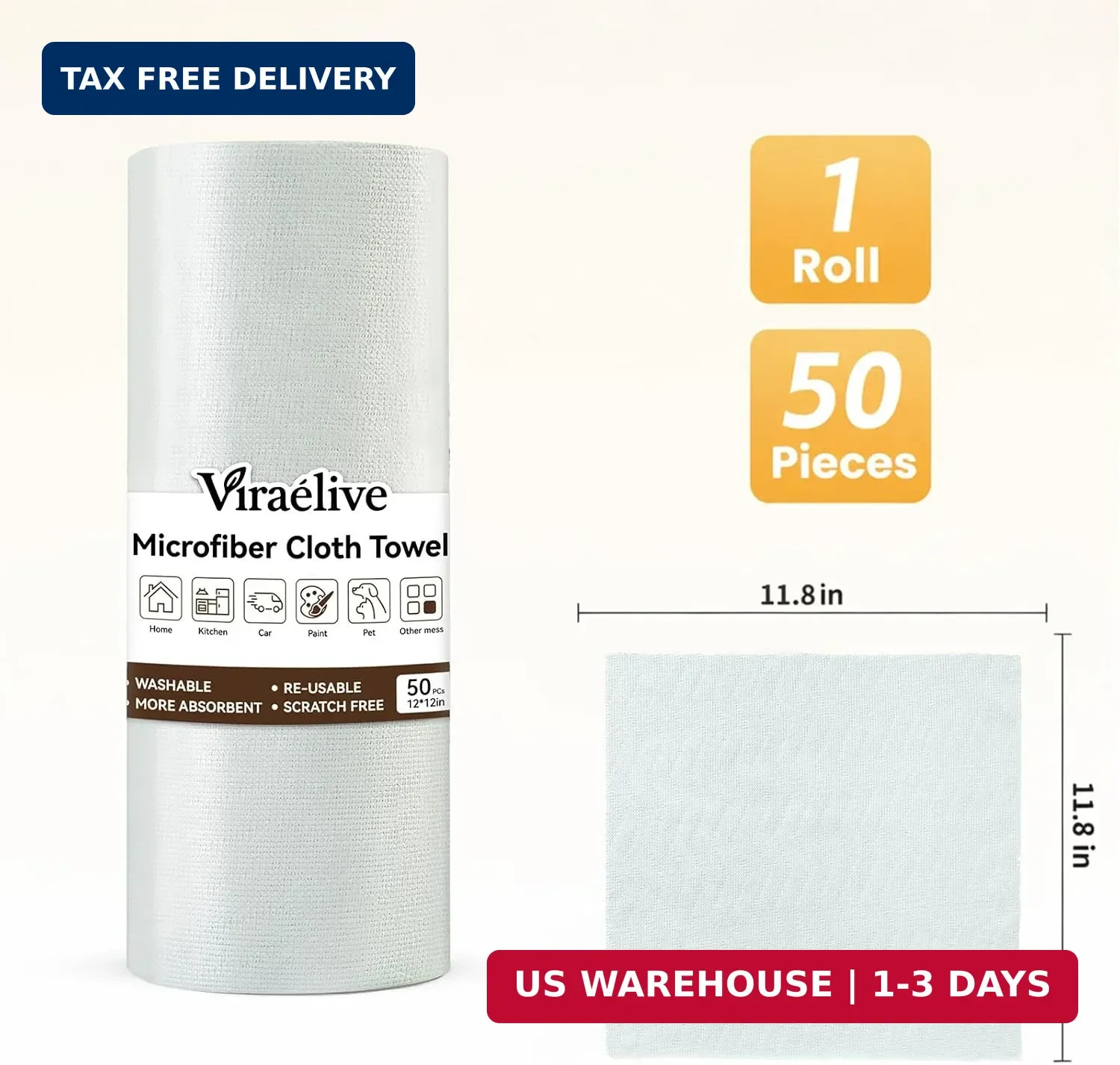Microfiber Cleaning Cloth Roll, 50 Tear-Away Sheets, Reusable & Washable, Lint-F