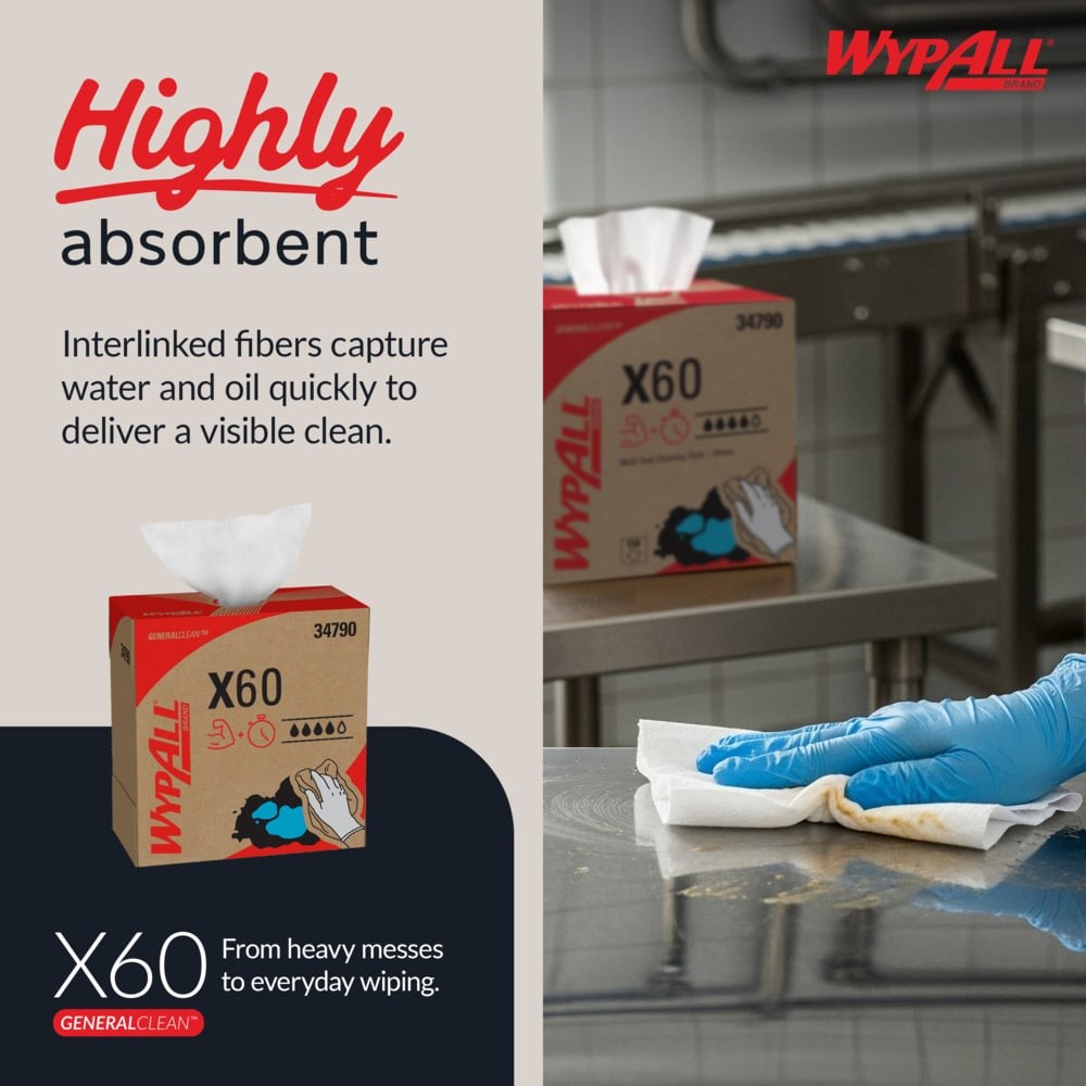 WypAll X60 Reusable Task Wipe 8.34″ x 16.8″ 34790 1 Box / 126 Wipes