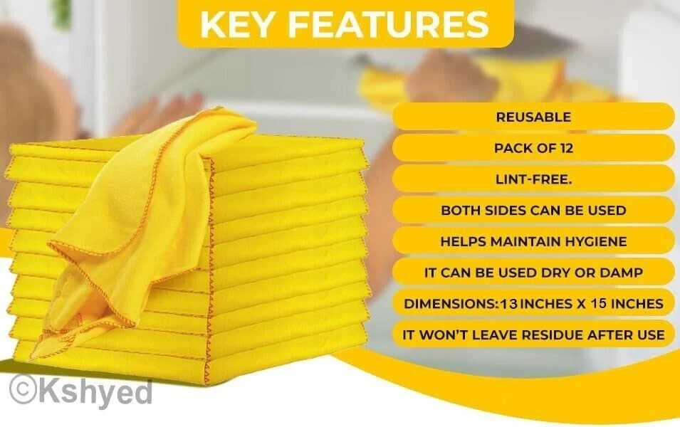 6 PCS (2 Pack) 100% Pure Cotton Yellow Multi-Purpose Dusters Cleaning Cloths-New