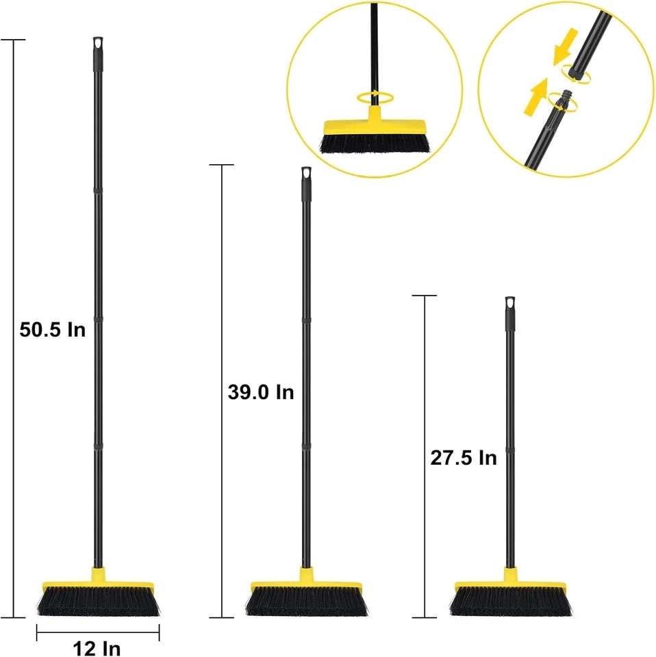 Push Broom Outdoor Indoor Broom 12″ Wide,50″ Long Handle with Stiff Bristles for