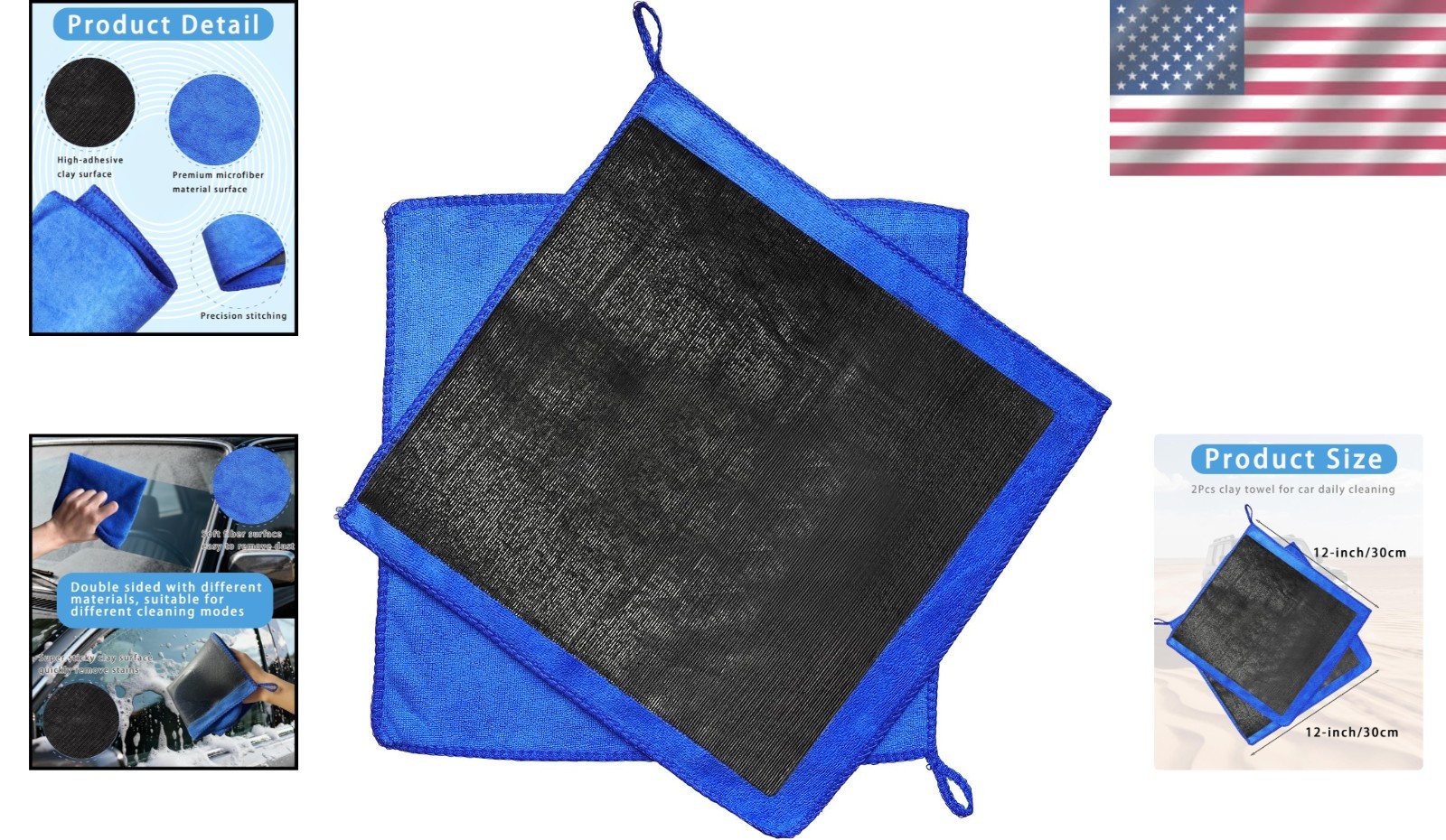 2 Pack 12 x 12 Blue Clay Towels – Lightweight Microfiber for Auto Detailing
