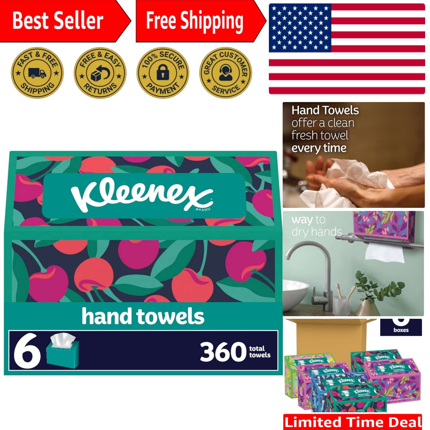 Kleenex Expressions Disposable Paper Hand Towels, 6 Boxes, 60 Towels per Box (36