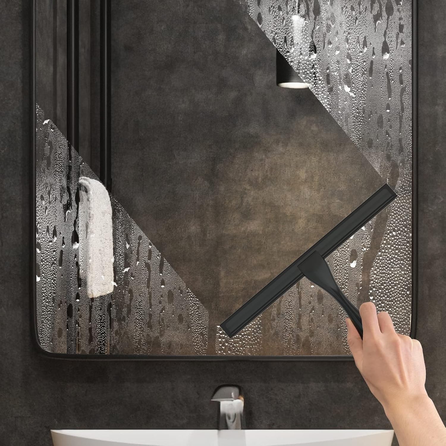 10 Inch Black Stainless Steel Shower Squeegee With 2 Adhesive Hooks