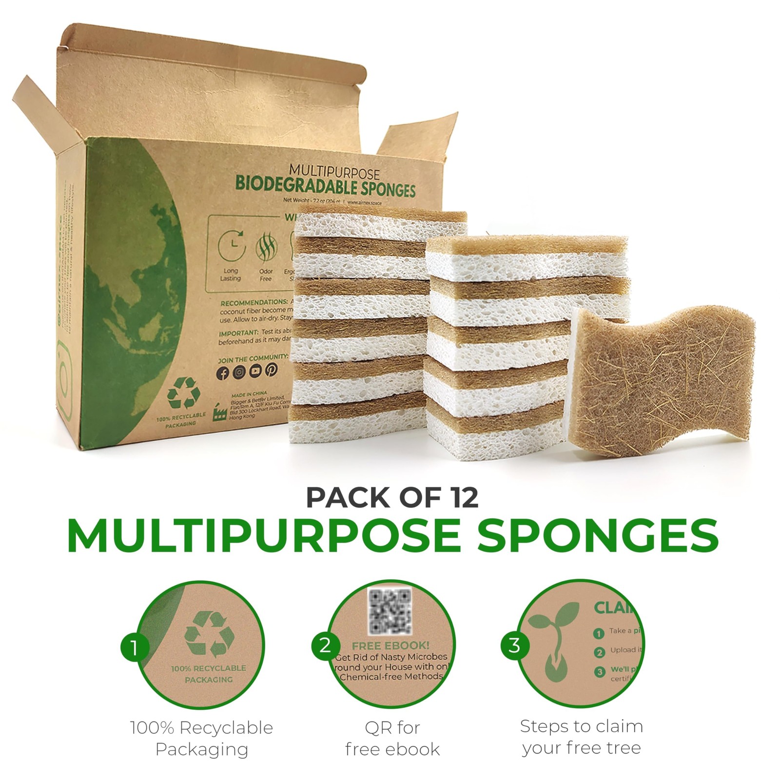 AIRNEX Natural Kitchen Sponges (12 Pack) – Biodegradable Cellulose 12, Khaki