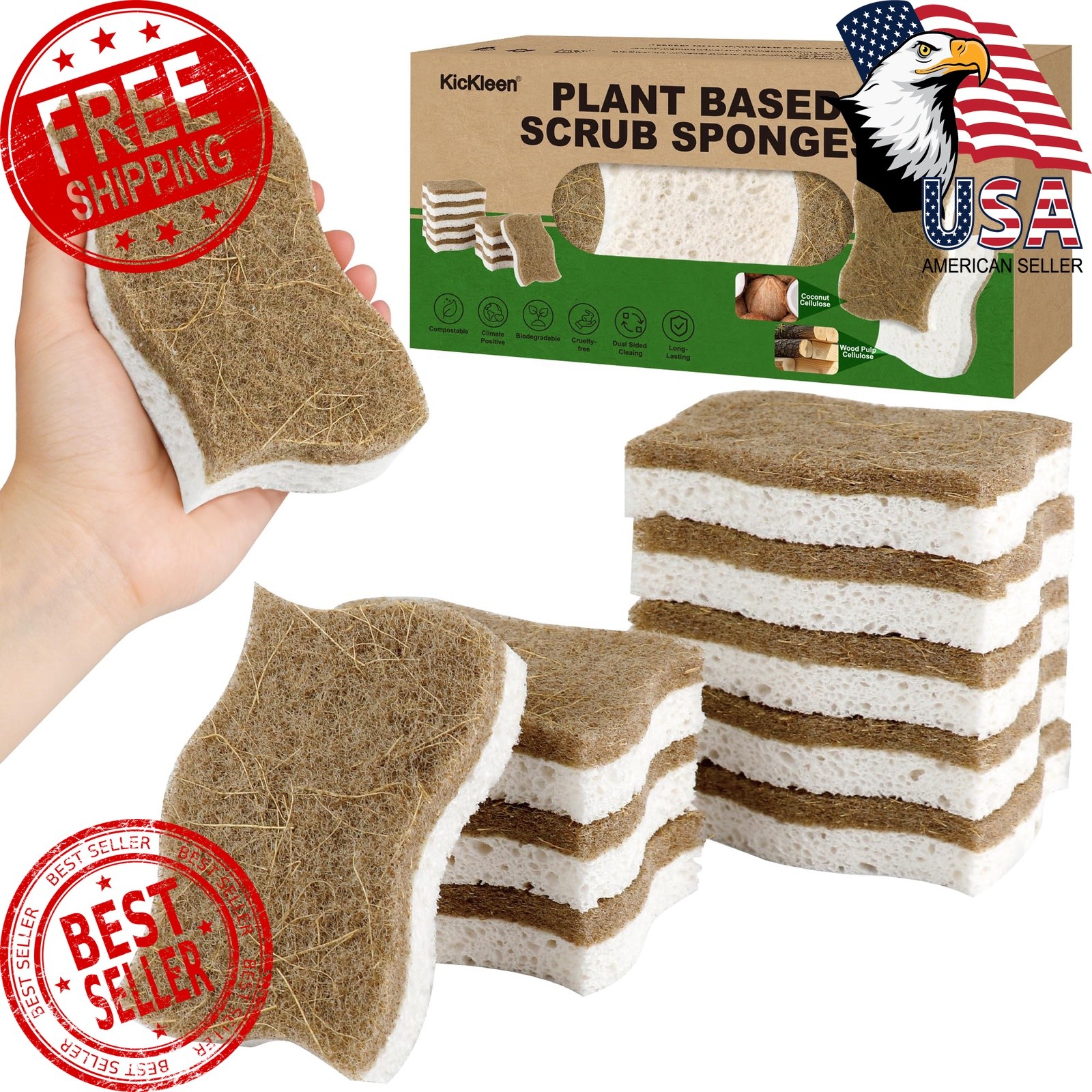 kickleen 9 Pack Biodegradable Kitchen Sponges