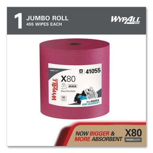 WypAll X80 Heavy Duty Cloths, Jumbo, Perforated,12.4×12.2, Red, 455 Wipers/Roll