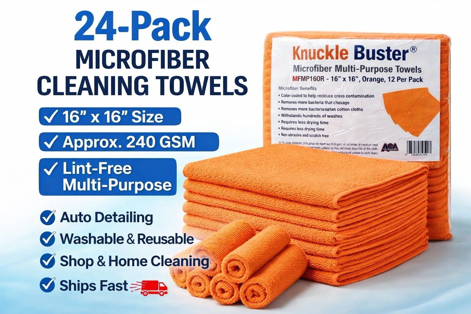 24 Pack Microfiber Cleaning Towels 16×16 Orange 240 GSM Lint Free Shop Cloths