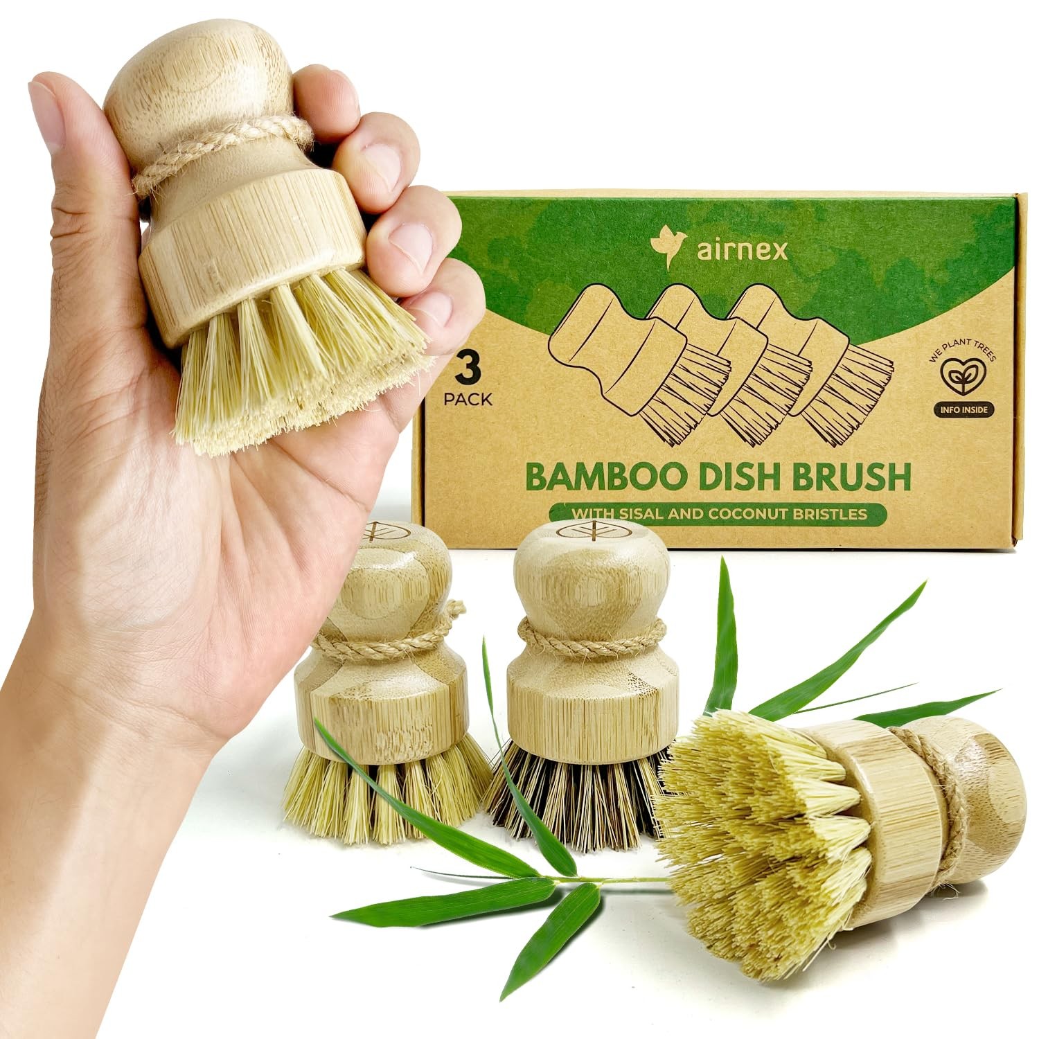 AIRNEX Bamboo Dish Brush Set of 3 – Natural Wooden 3 Pack,