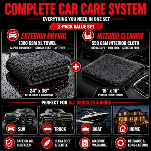 Microfiber Car Care Towel Set (2-Piece), 1 Large 24” x 36” 1300 GSM Twisted