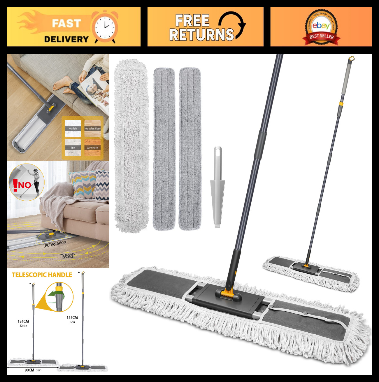 36″ Heavy Duty Industrial Dust Mop – Wet & Dry Floor Cleaning, Telescopic Handle