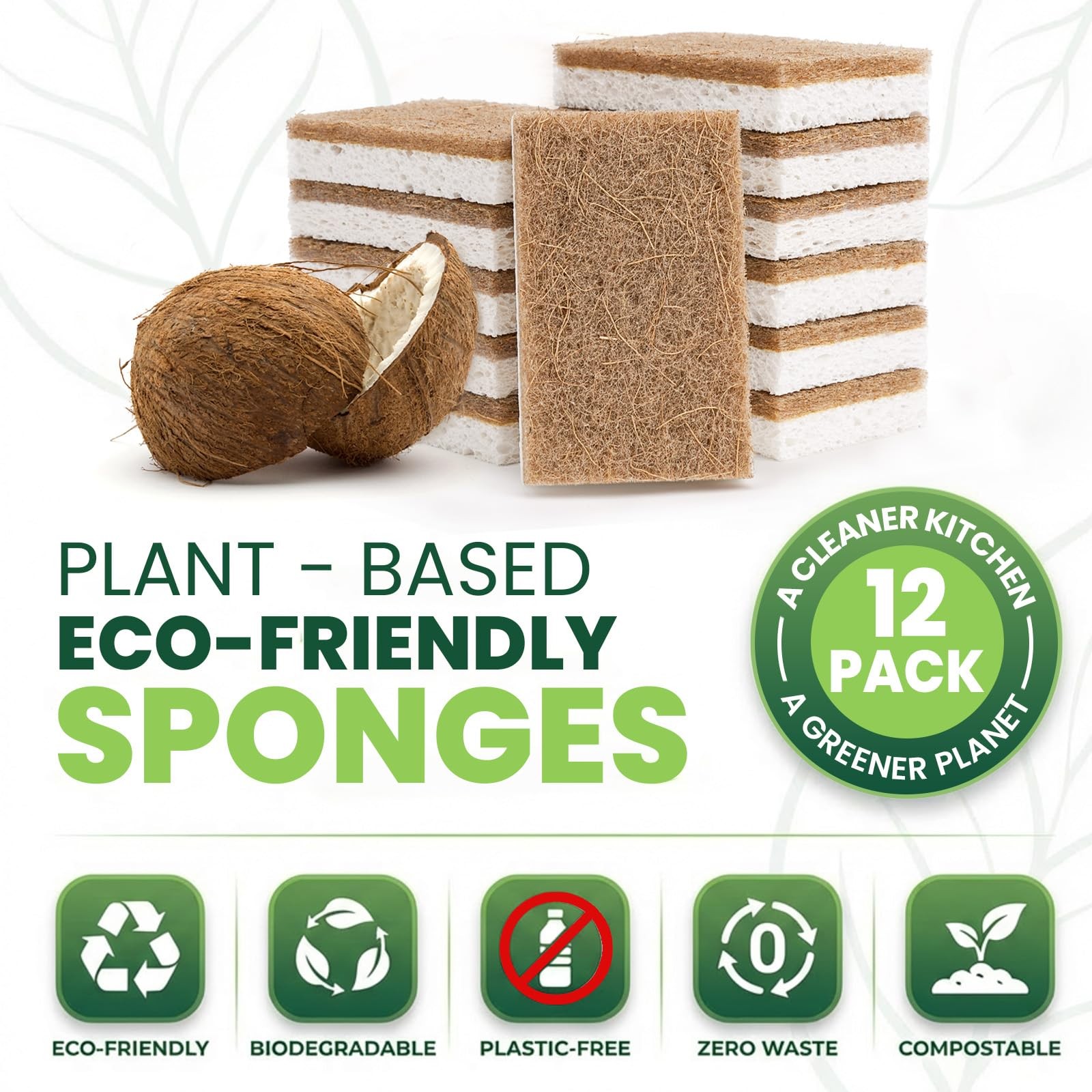 Natural Kitchen Sponge PlantBased Biodegradable Cellulose Walnut Dish 12 PCS