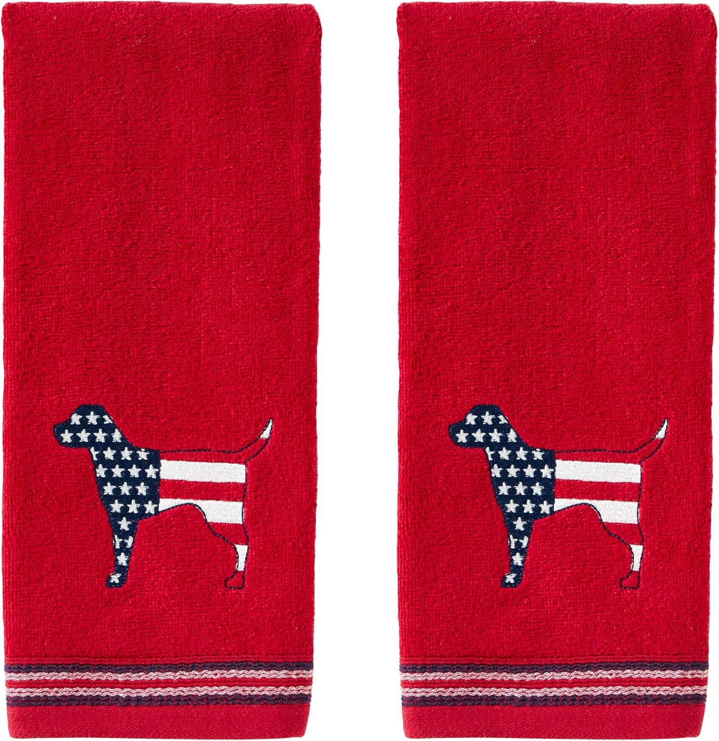 Red White & Blue Hound 100% Cotton Embroidered 2pc Hand Towel Set, Decorative