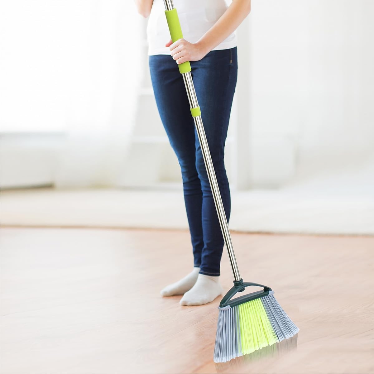Indoor Jumbo Broom W/ Long Stainless Steel Collapsible Handle Easy Storage Heavy