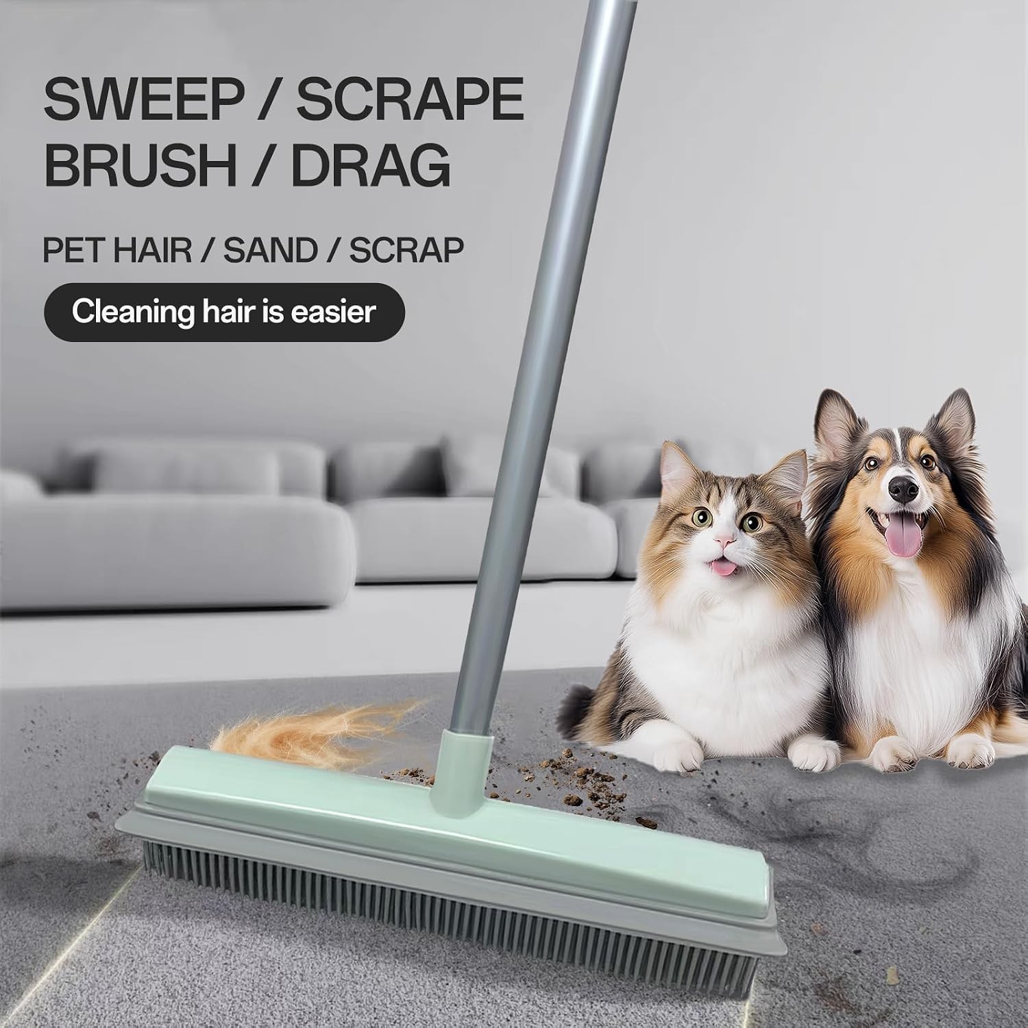 Pet Hair Rubber Broom with Squeegee for Carpet,Fur Remover Broom Carpet Rake for