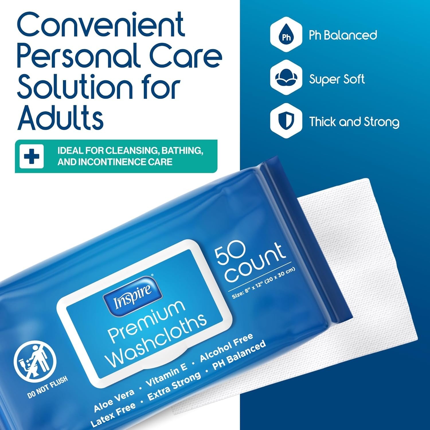 Inspire Adult Wet Wipes, Wash Cloths | Adult Wipes 8″x12″ (50 Count (Pack of 1