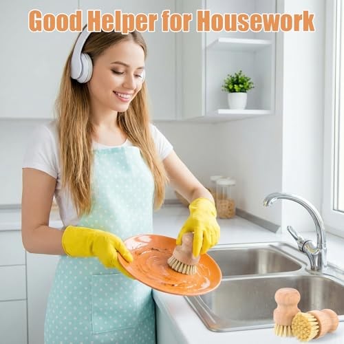 12 Packs Bamboo Scrub Brush for Dishes – 2 Pcs Natural Dish Brush with Sisal